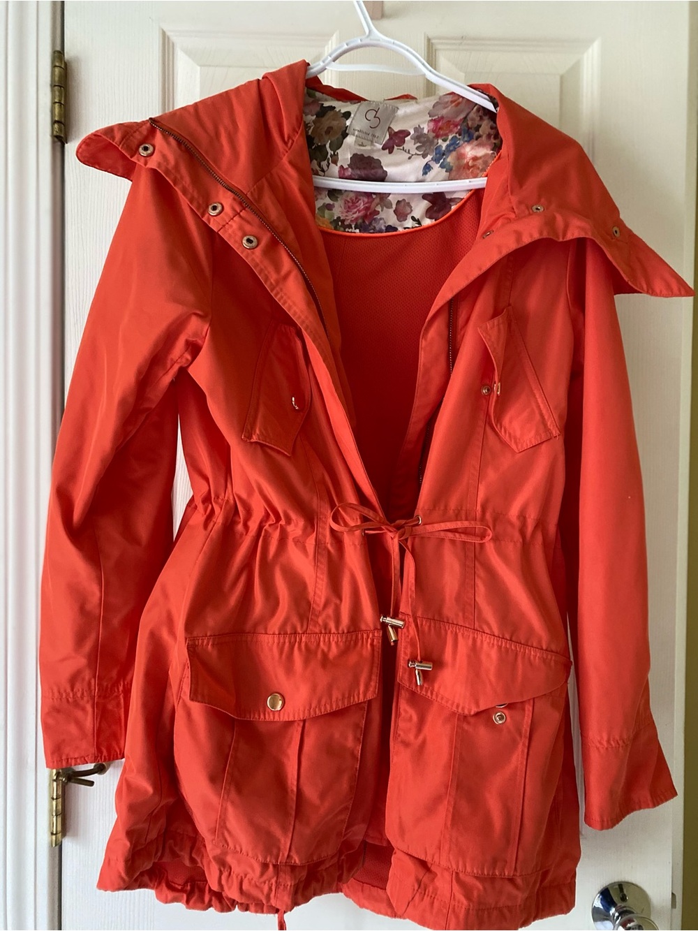 Coral Hooded Raincoat with Floral Lining